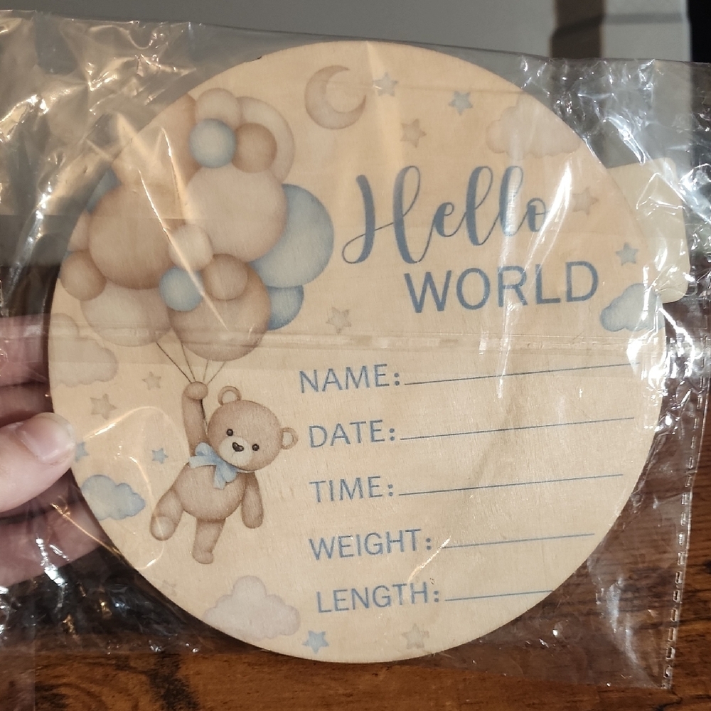 Wooden Baby Announcement Plaque with Bear Design With Stand